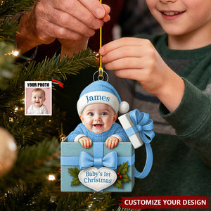 Baby Christmas Gift Box Acrylic Ornament, Personalized Baby Photo Christmas Ornament, Funny Newborn First Christmas Gift