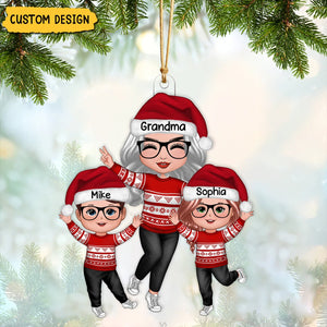 New Release - Happy Christmas Doll Grandma With Grandkids Personalized Acrylic Ornament, Gift For Granddaughter Grandson
