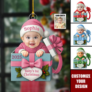 Baby Christmas Gift Box Acrylic Ornament, Personalized Baby Photo Christmas Ornament, Funny Newborn First Christmas Gift