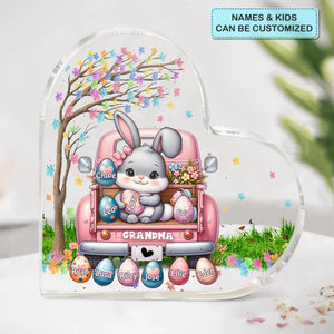Grandma Bunny With Easter Egg Grandkids - Personalized Heart Shaped Acrylic Plaque