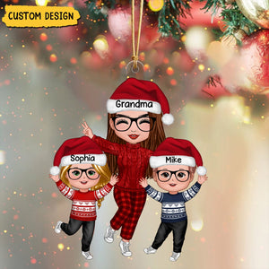 New Release - Happy Christmas Doll Grandma With Grandkids Personalized Acrylic Ornament, Gift For Granddaughter Grandson