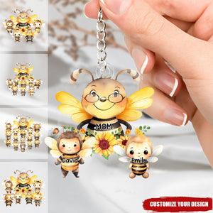Mama Bee With Little Kids - Personalized Acrylic Keychain - Gift For Mom, Grandma
