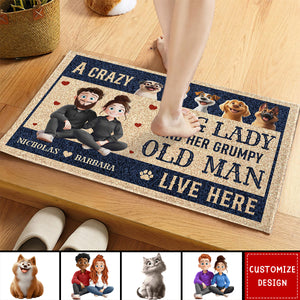 New Version Couple A Crazy Dog Lady And Her Grumpy Old Man - Personalized Doormat