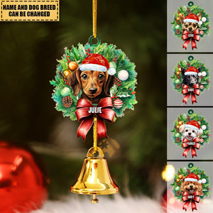 Dog with Christmas Hat - Acrylic Christmas/Car Ornament with Ring Bell