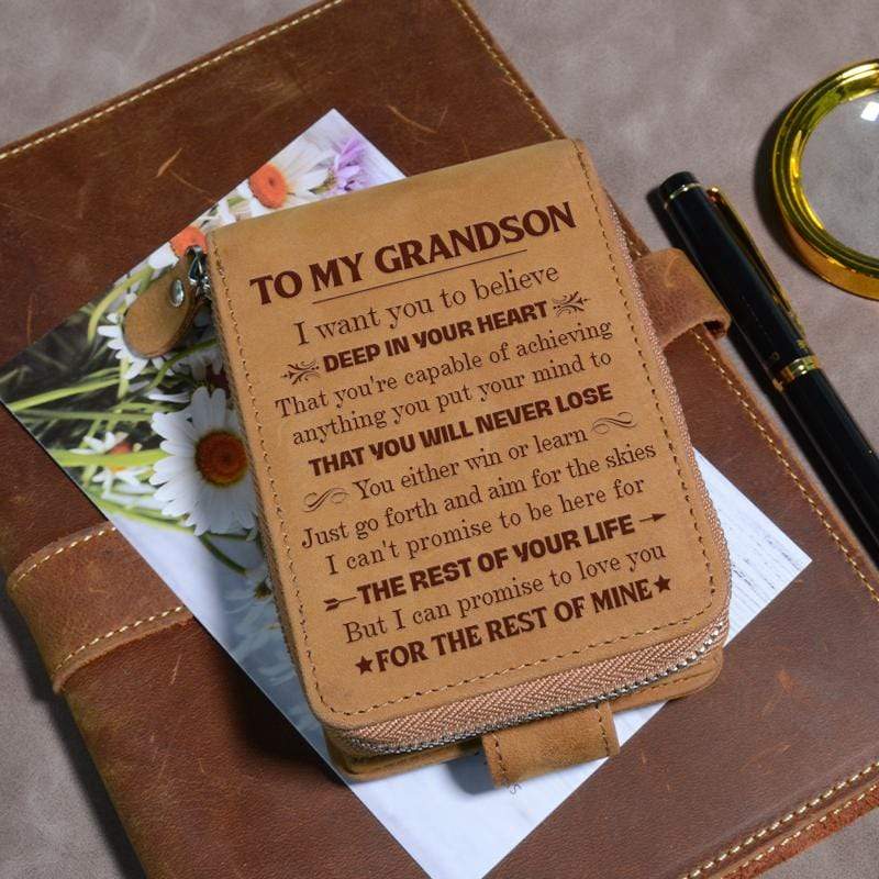To My Grandson - Genuine Premium Leather Zipper Card Wallet