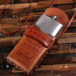 Daughter To Dad - 8oz Metal Flask with Engraved Leather Carrying Pouch