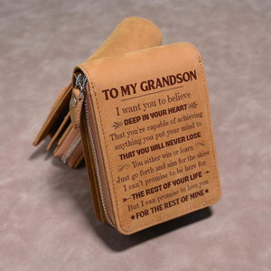 To My Grandson - Genuine Premium Leather Zipper Card Wallet
