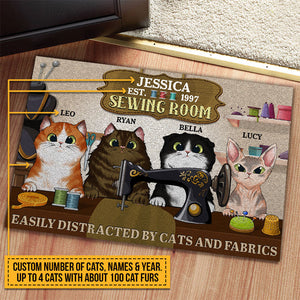 Cat Sewing Room Easily Distracted By Cats And Fabrics Custom Doormat, Personalized Funny Cat Doormat, Gift For Cat Lovers, Sewing Lovers