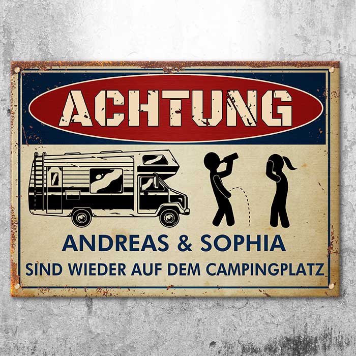German - Betrunkene Camper Campen Wieder - Personalized Camping Metal Sign