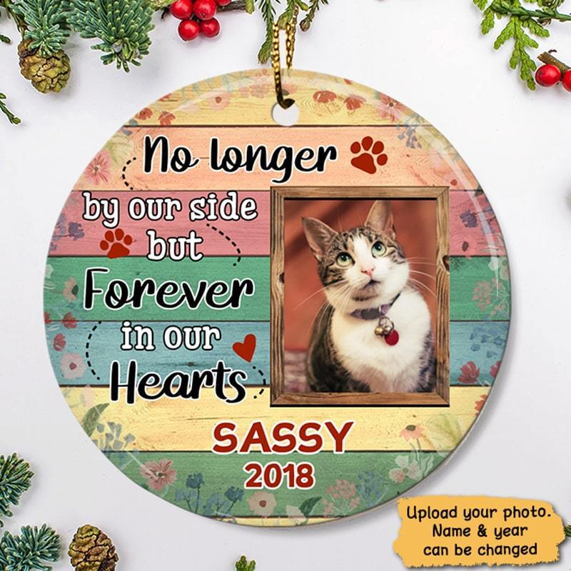 Dog Cat Memorial Forever In Our Hearts Colorful Plank Photo Personalized Circle Ornament