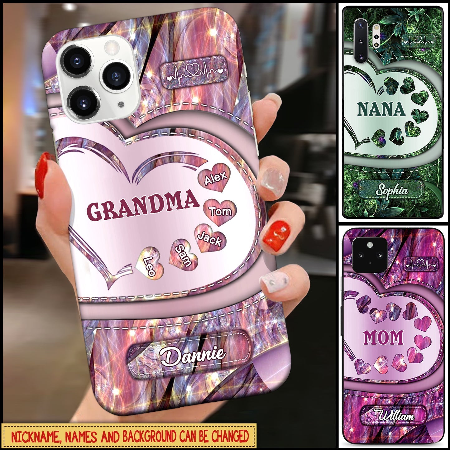 Sparkling Grandma- Mom With Sweet Heart Kids, Multi Colors Personalized Glass Phone Case