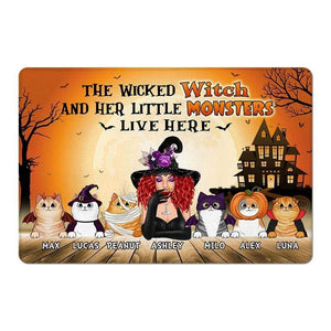 Halloween Wicked Witch And Fluffy Cats Live Here Personalized Doormat