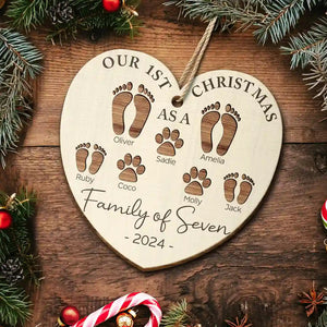 First Christmas As A Family Of Four Footprints - New Release Personalized Custom Shaped Wooden Ornament