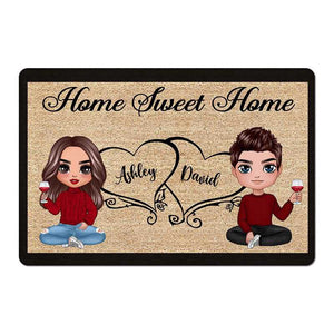 Doll Couple Sitting Home Sweet Home Gift Personalized Doormat - Gift For Couple