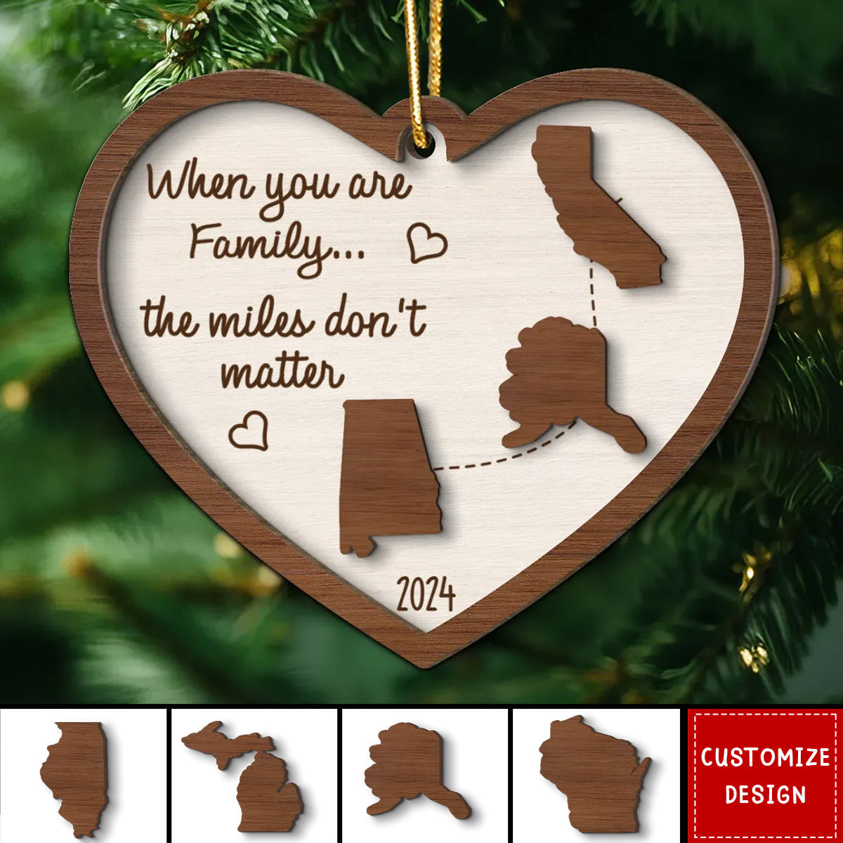 Miles Apart Long Distance Family Friendship State Map Personalized 2-Layer Wooden Ornament New Release