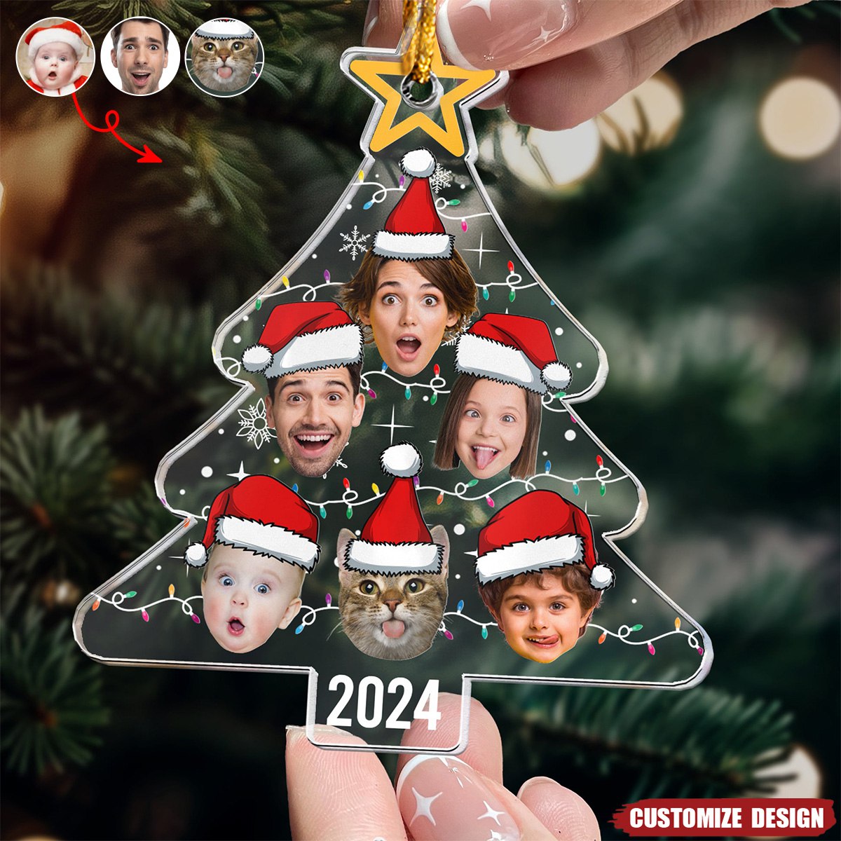New Release Custom Face Christmas Tree With Led Light Funny Family - Personalized Acrylic Photo Ornament