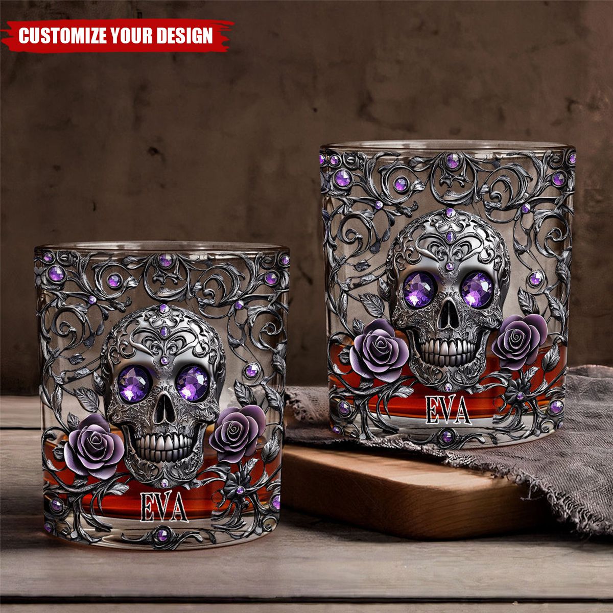 Beautiful Skull And Roses - Personalized Skull Whiskey Glass