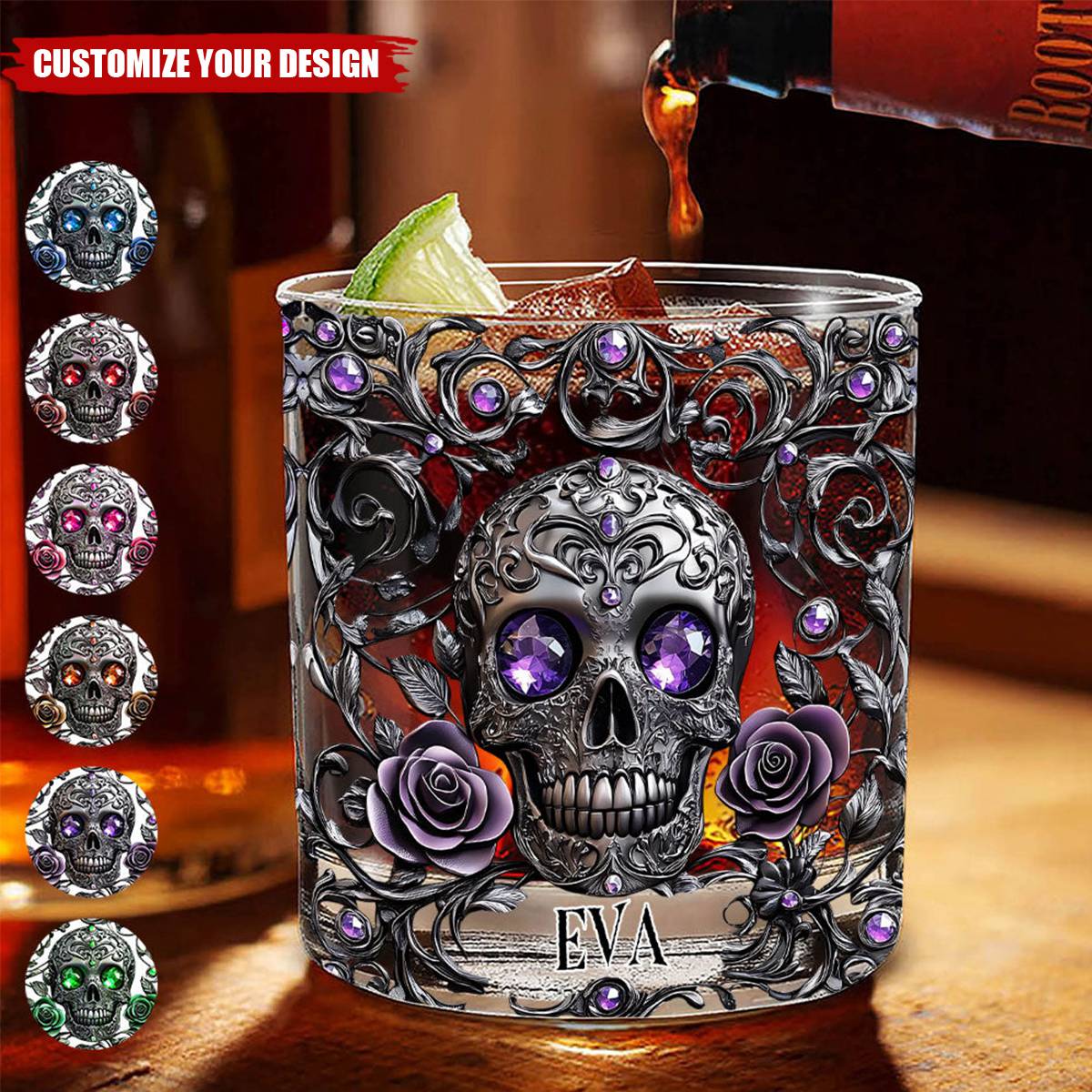 Beautiful Skull And Roses - Personalized Skull Whiskey Glass