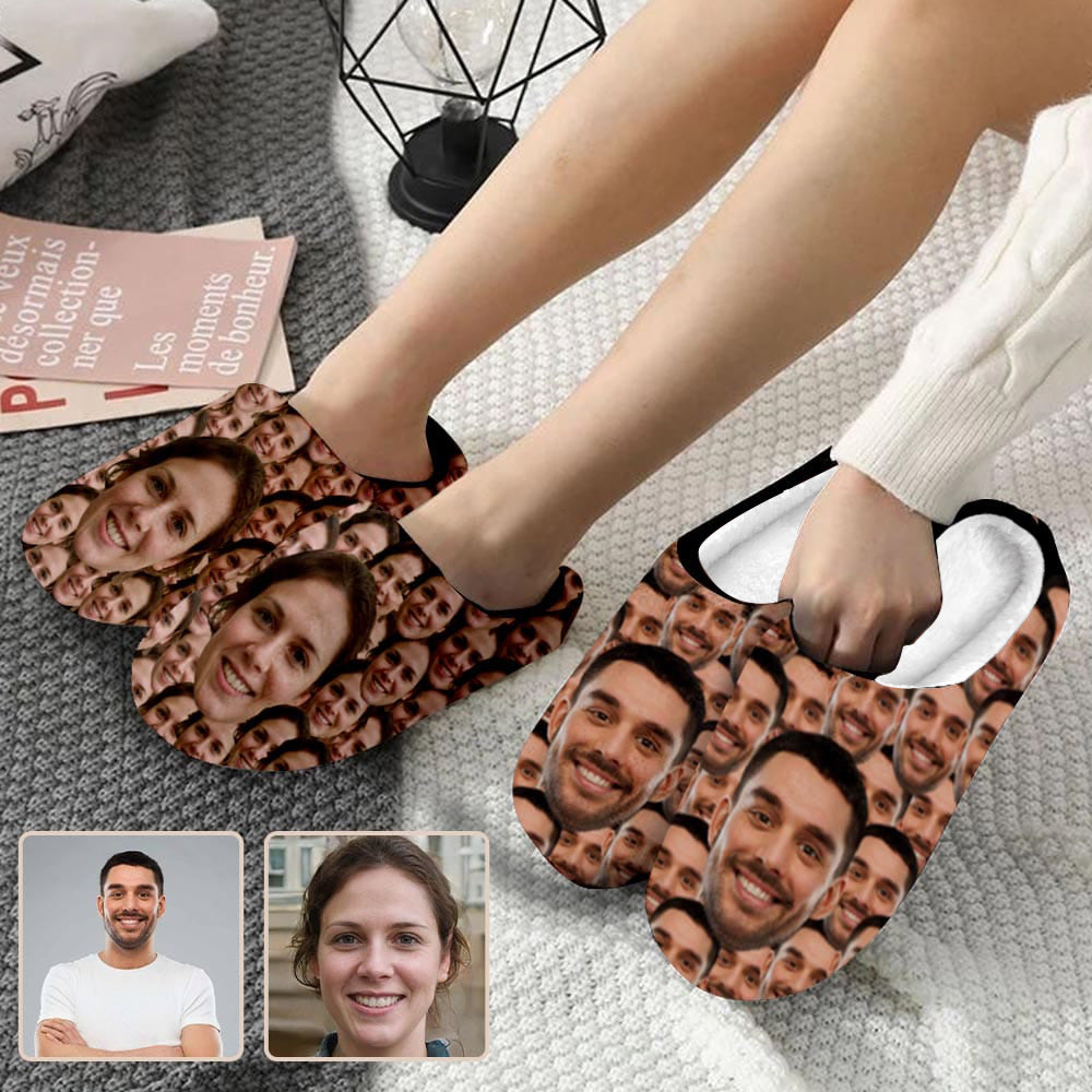 Custom Bunch of Face Photos - All Over Print Personalized Non-Slip Cotton Slippers For Girlfriend Boyfriend & Family Members