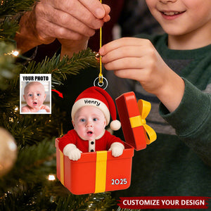 Baby Inside Gift Box - Personalized Christmas Baby Photo Acrylic Ornament