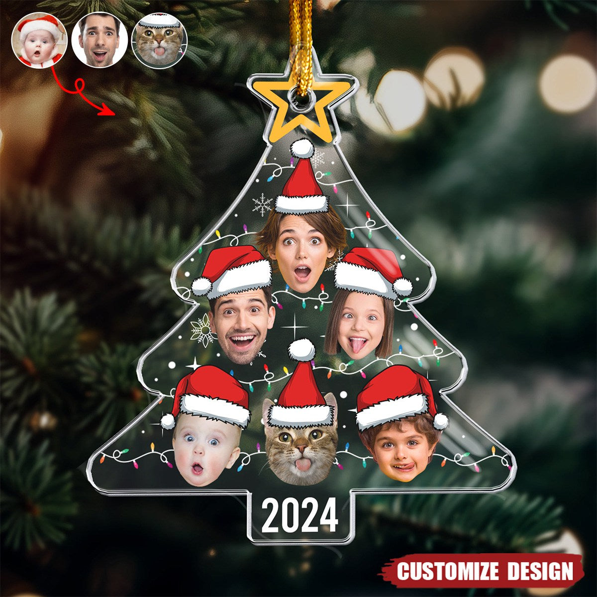 New Release Custom Face Christmas Tree With Led Light Funny Family - Personalized Acrylic Photo Ornament