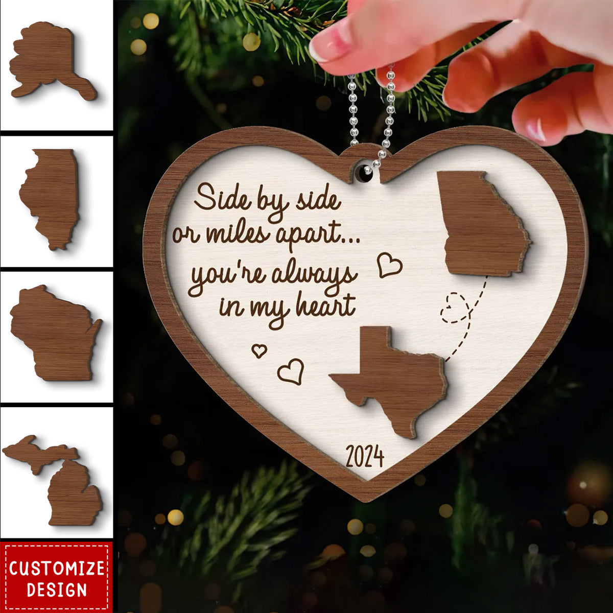 Miles Apart Long Distance Family Friendship State Map Personalized 2-Layer Wooden Ornament New Release