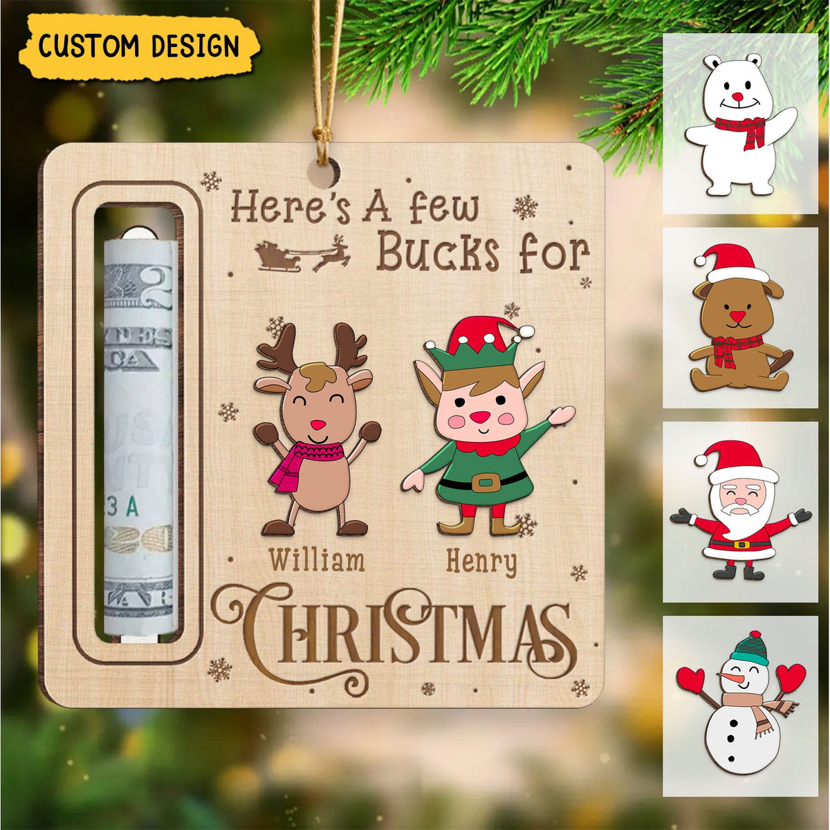 New Release - Here's A Few Bucks For Christmas - Personalized Wooden Ornament, Money Holder - Christmas Gift For Family Members