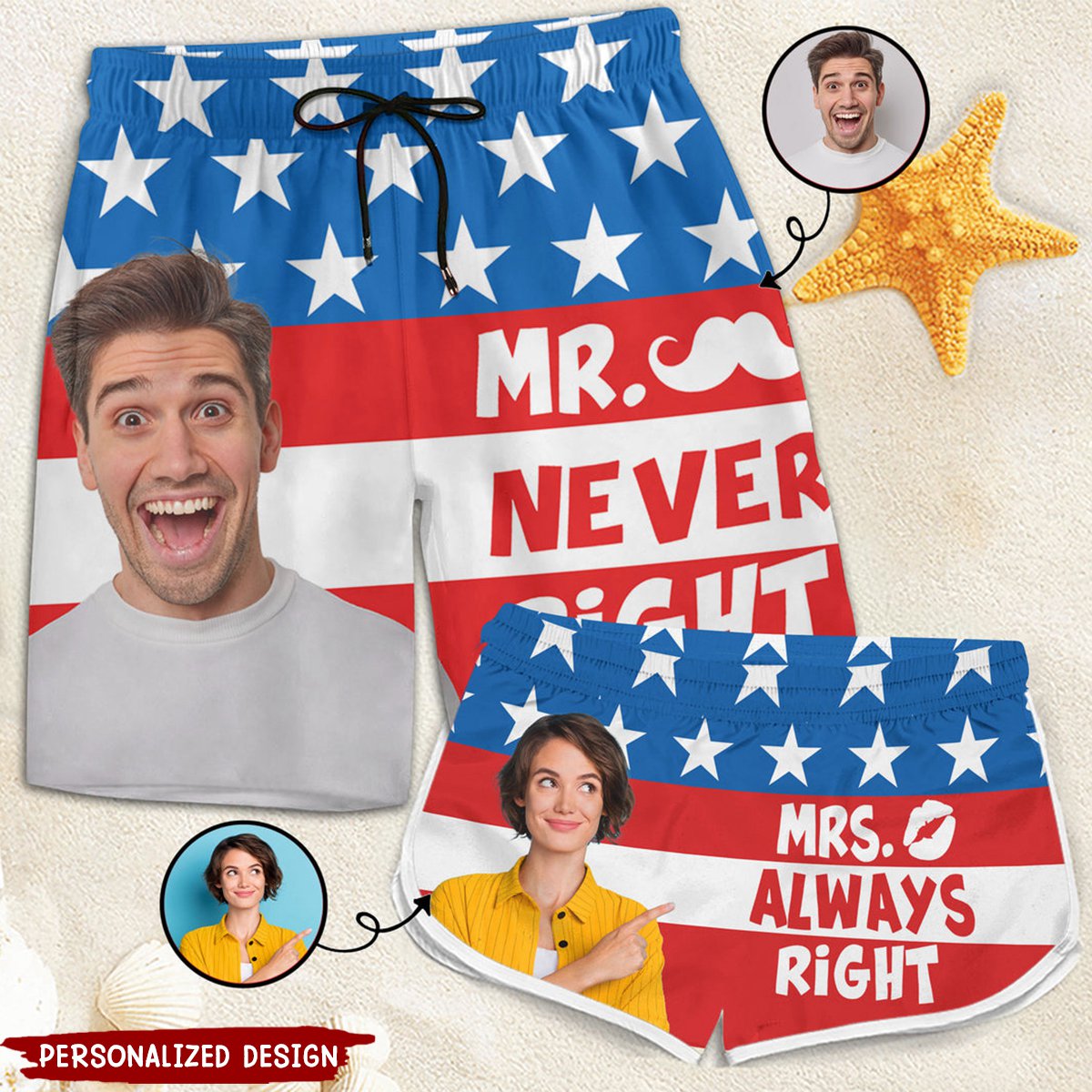 Mr Never Right Mrs Always - Personalized Custom Couple Beach Shorts - Gift For Couple