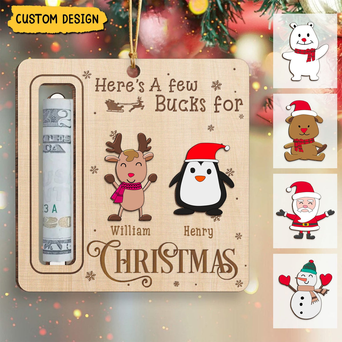 New Release - Here's A Few Bucks For Christmas - Personalized Wooden Ornament, Money Holder - Christmas Gift For Family Members