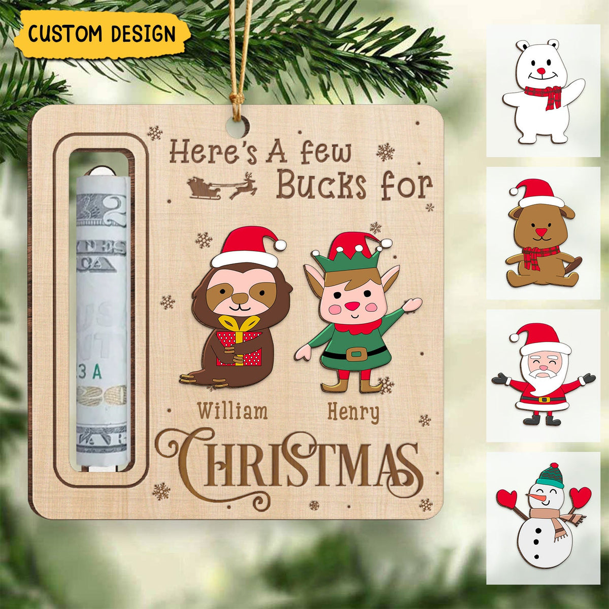New Release - Here's A Few Bucks For Christmas - Personalized Wooden Ornament, Money Holder - Christmas Gift For Family Members