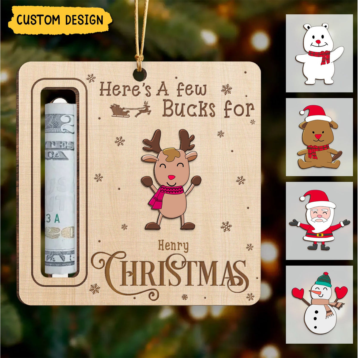 New Release - Here's A Few Bucks For Christmas - Personalized Wooden Ornament, Money Holder - Christmas Gift For Family Members