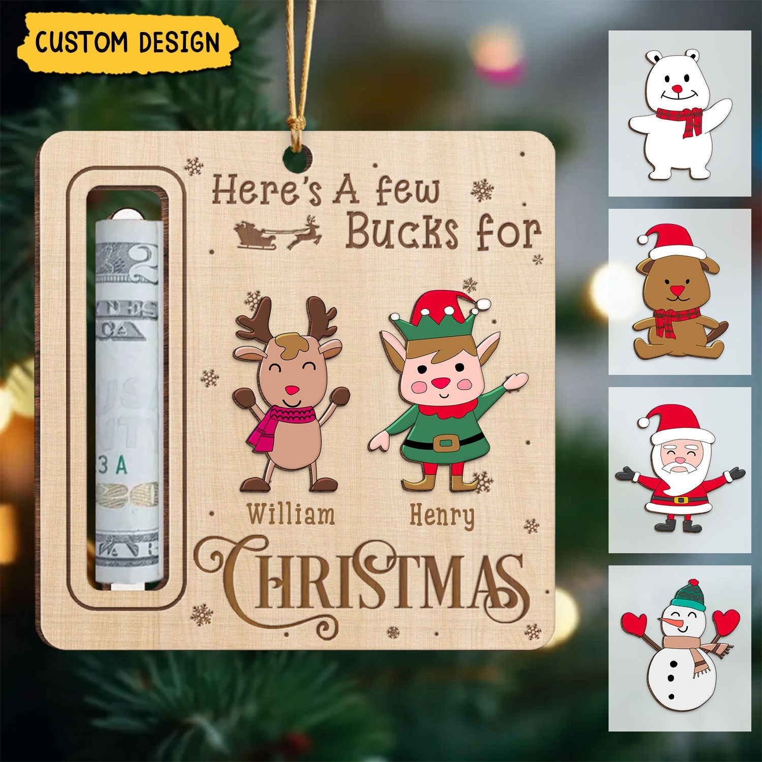 New Release - Here's A Few Bucks For Christmas - Personalized Wooden Ornament, Money Holder - Christmas Gift For Family Members