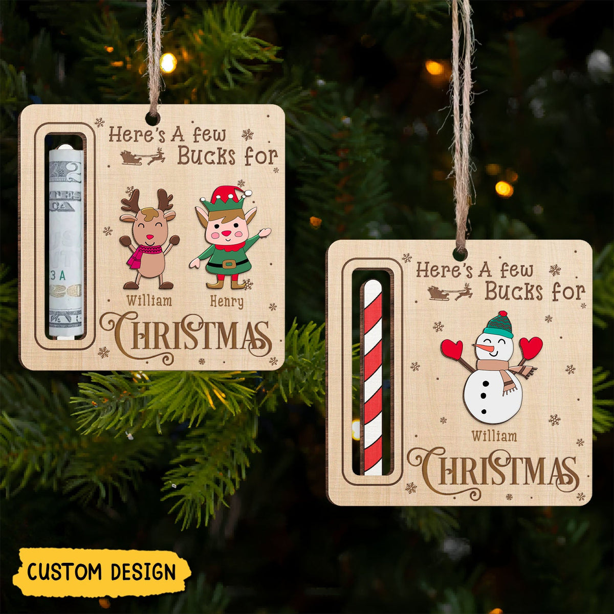New Release - Here's A Few Bucks For Christmas - Personalized Wooden Ornament, Money Holder - Christmas Gift For Family Members