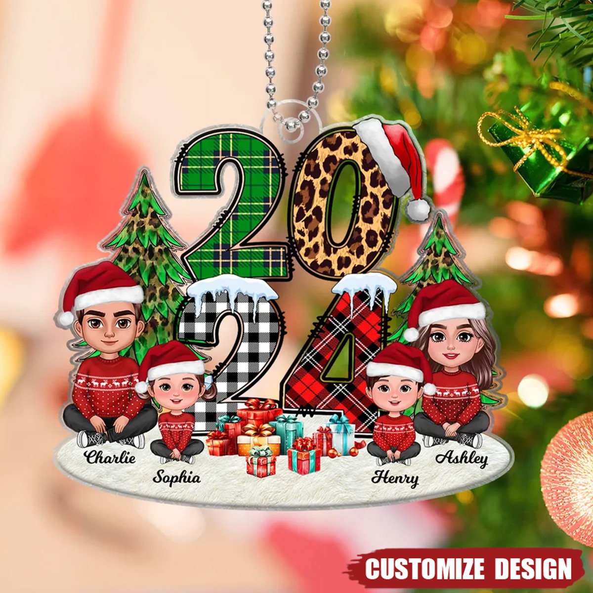 Christmas Family Sitting Stacked Pattern Personalized Acrylic Ornament