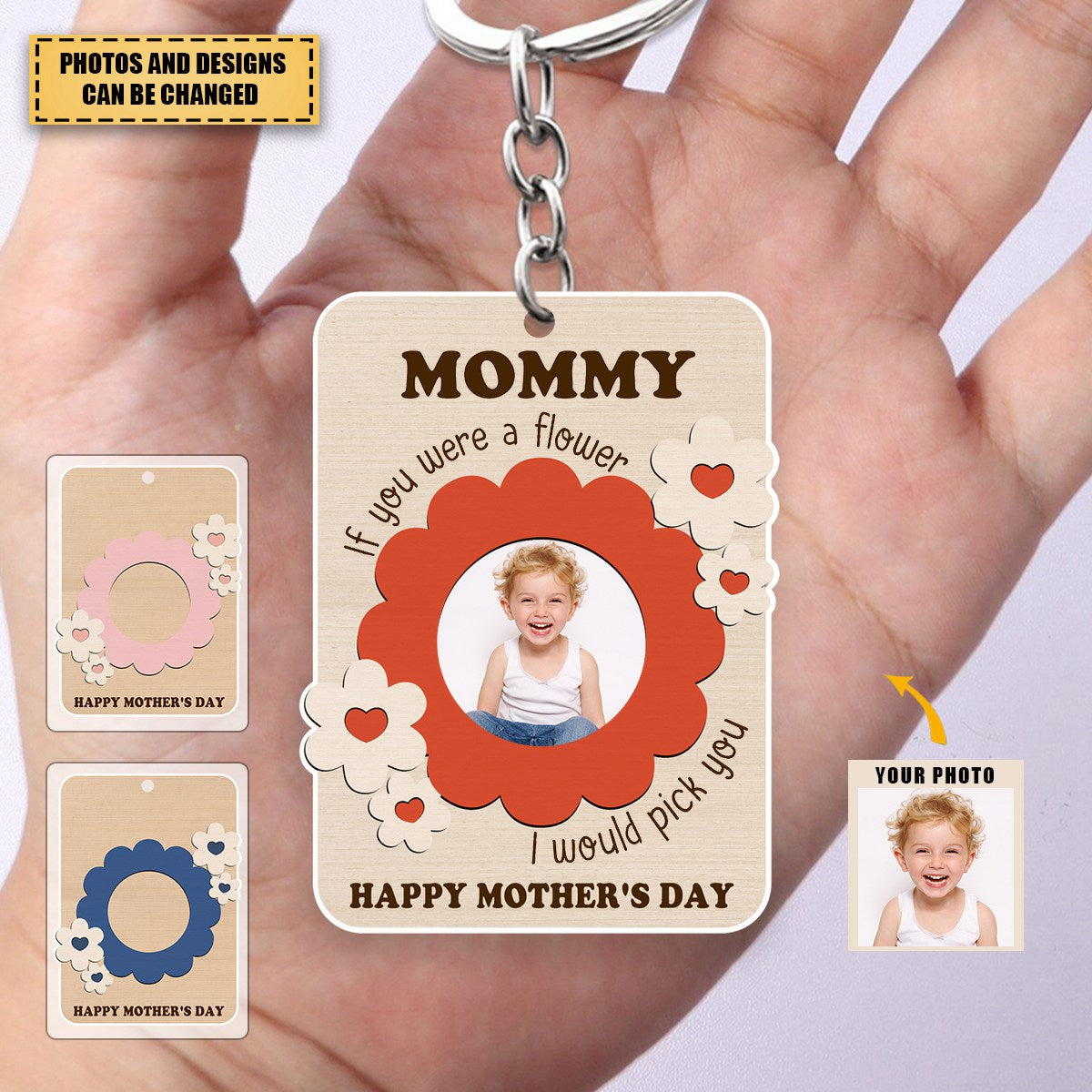 Custom Kid Photo With Flower Frame Gift For Mother's Day - Personalized Acrylic Keychain