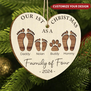 First Christmas As A Family Of Four Footprints - New Release Personalized Custom Shaped Wooden Ornament