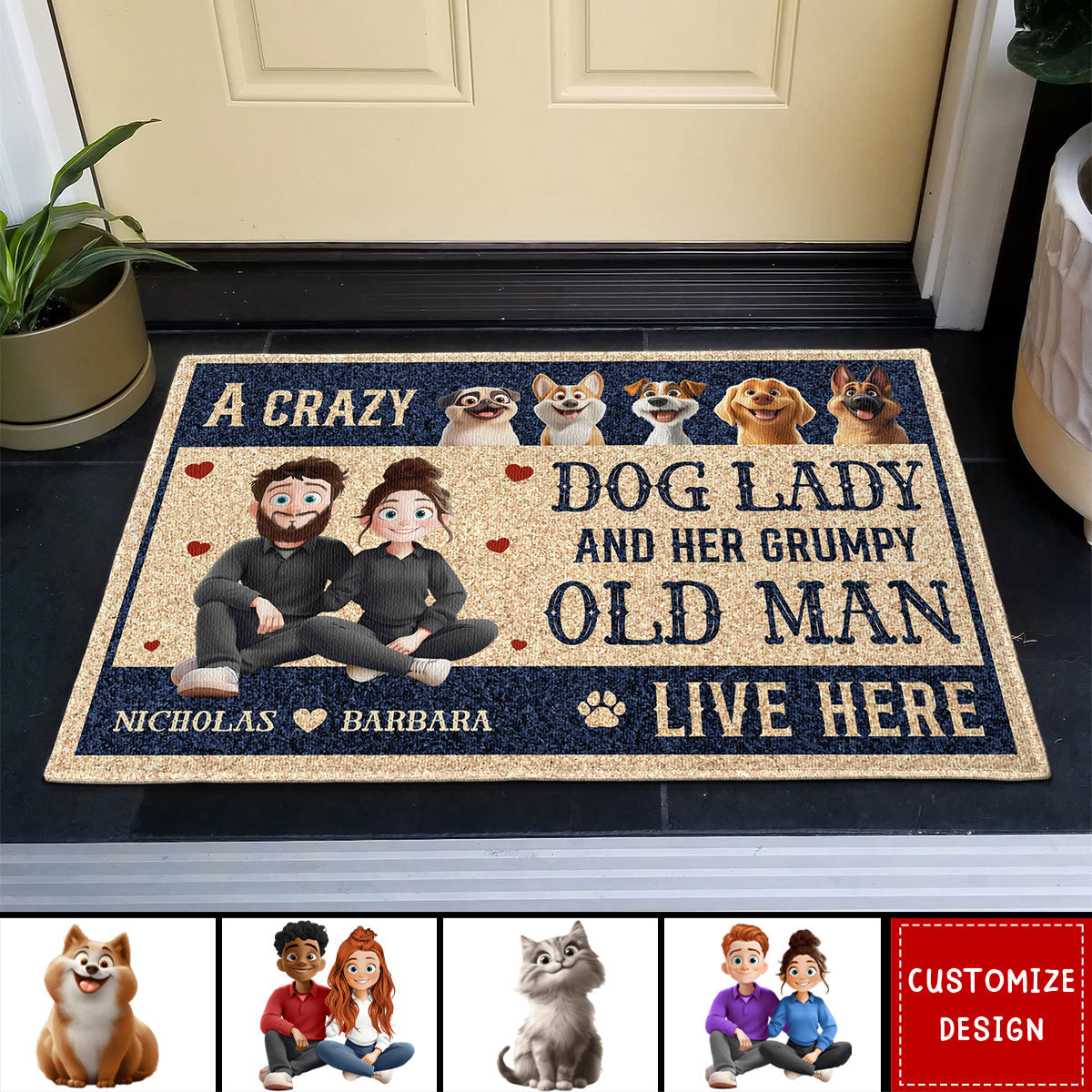 New Version Couple A Crazy Dog Lady And Her Grumpy Old Man - Personalized Doormat