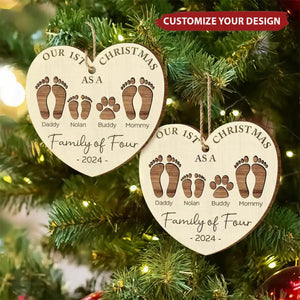 First Christmas As A Family Of Four Footprints - New Release Personalized Custom Shaped Wooden Ornament