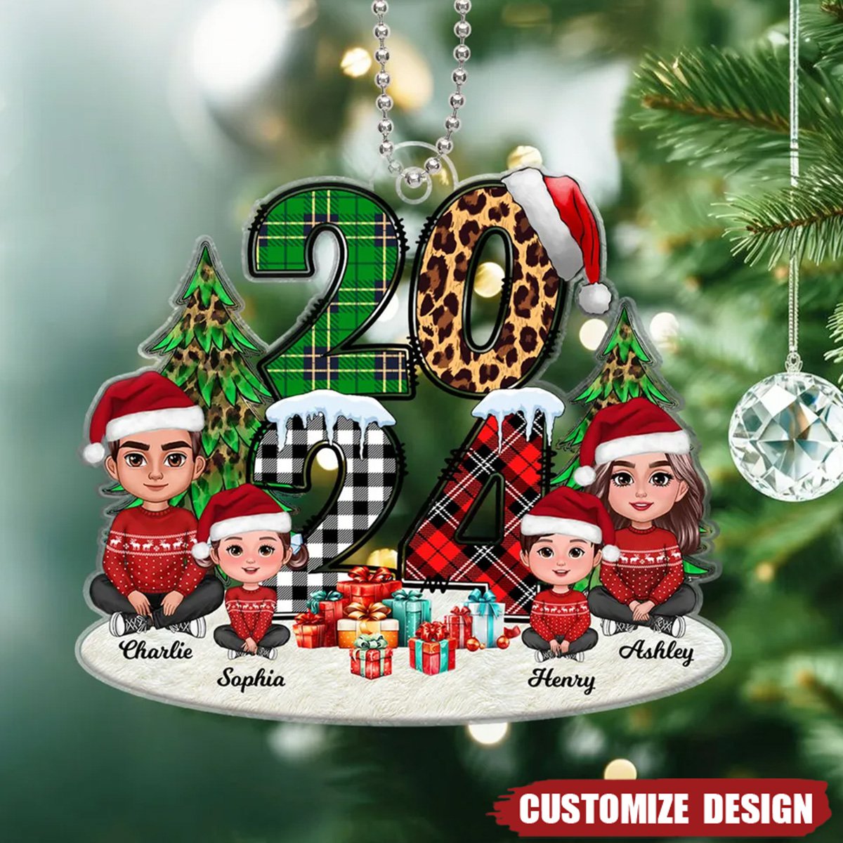 Christmas Family Sitting Stacked Pattern Personalized Acrylic Ornament
