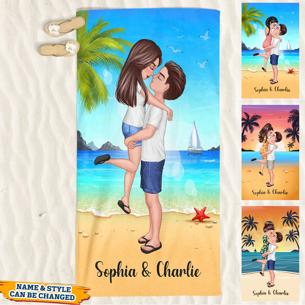Summer Doll Couple Kissing Hugging On The Beach Personalized Beach Towel-Gift For Couple