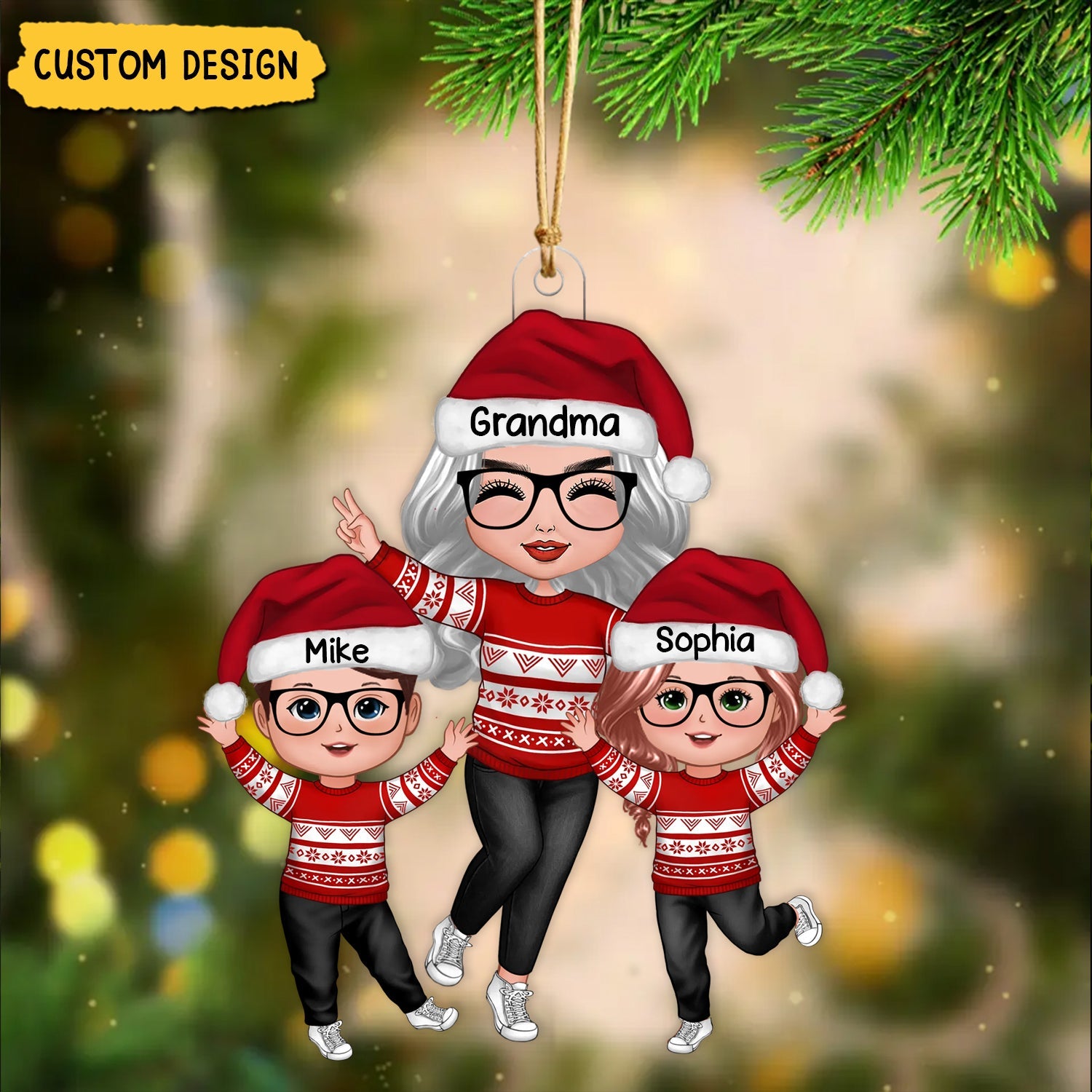 New Release - Happy Christmas Doll Grandma With Grandkids Personalized Acrylic Ornament, Gift For Granddaughter Grandson