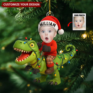 Personalized Kid Photo With Dinosaur Ornament, Funny Dinosaur Gift For Kid