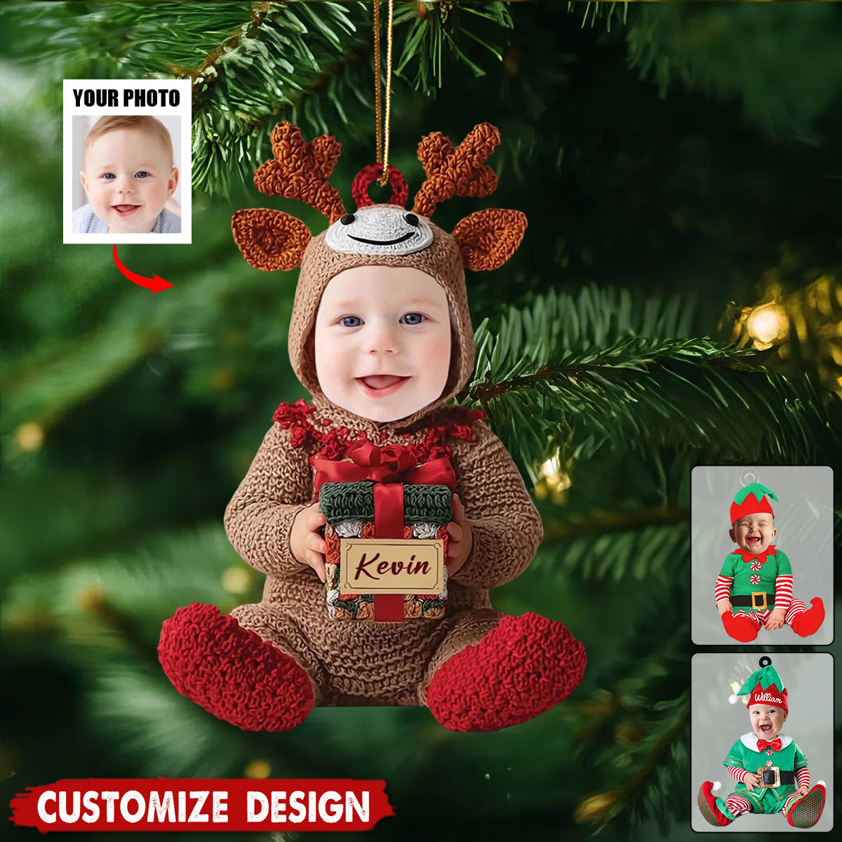 Adorable Newborn Baby Elf - Personalized Babys Photo Christmas Ornament - Gift For Baby