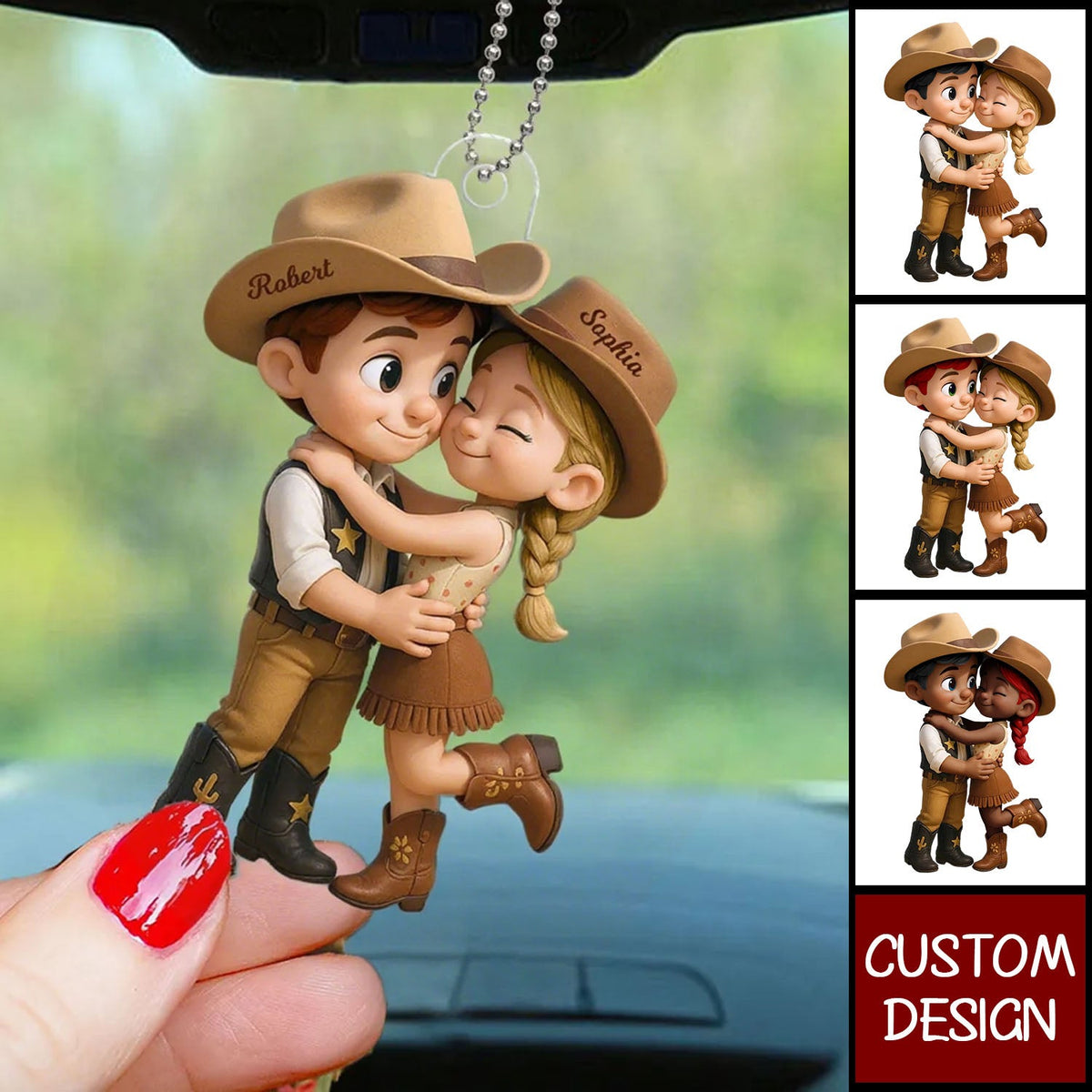 Cartoon Style Countryside Couple Cowboy Cowgirl Personalized Car Ornament