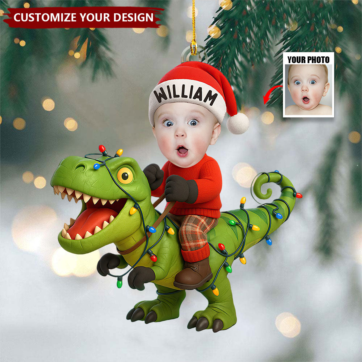 Personalized Kid Photo With Dinosaur Ornament, Funny Dinosaur Gift For Kid