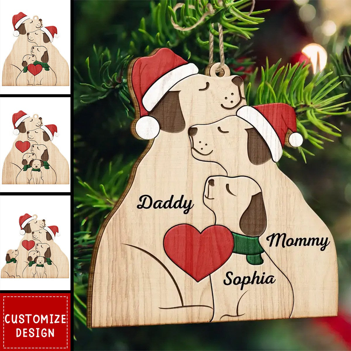 Christmas Dog Family - Personalized Shaped Wooden Ornament - New Release