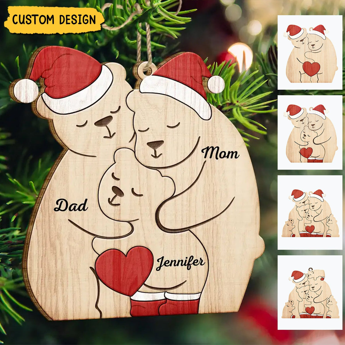 New Release - Christmas Bear Family - Personalized Wooden Ornament