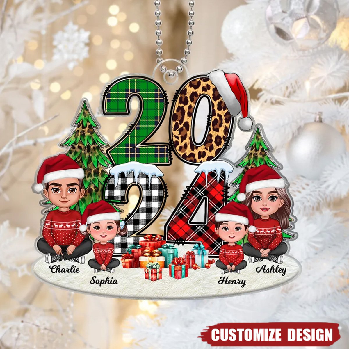 Christmas Family Sitting Stacked Pattern Personalized Acrylic Ornament