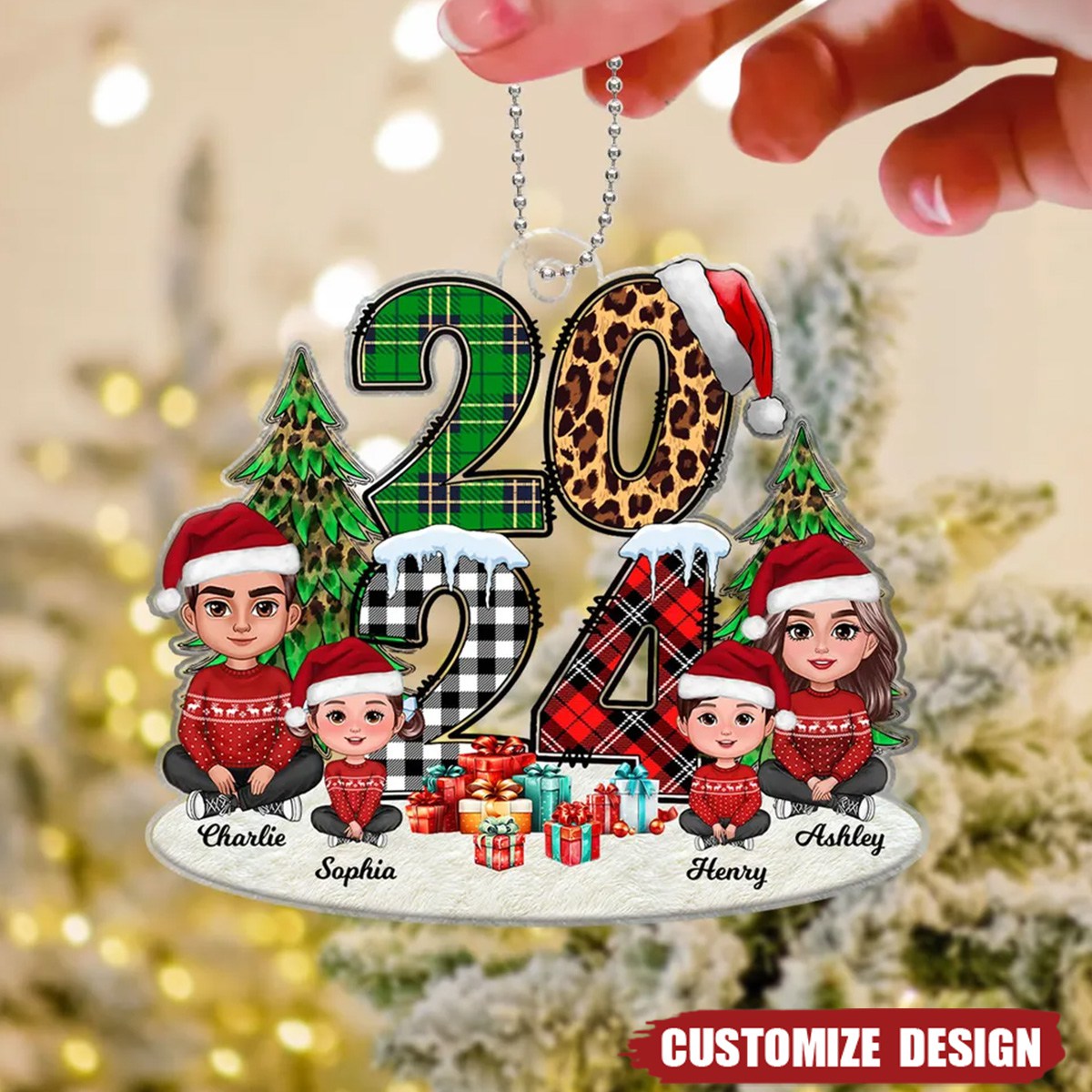 Christmas Family Sitting Stacked Pattern Personalized Acrylic Ornament