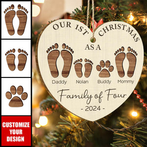 First Christmas As A Family Of Four Footprints - New Release Personalized Custom Shaped Wooden Ornament